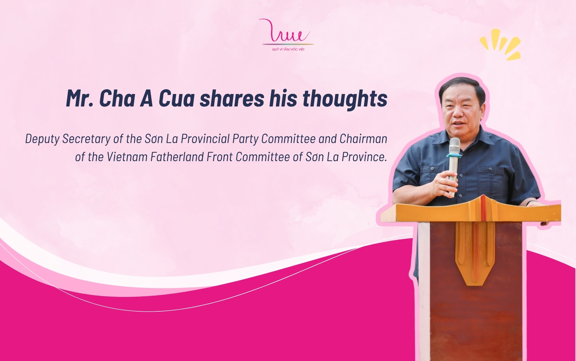 Mr. Cha A Của shares his thoughts at the inauguration ceremony of Đề A School Site.- Deputy Secretary of the Sơn La Provincial Party Committee and Chairman of the Vietnam Fatherland Front Committee of Sơn La Province.